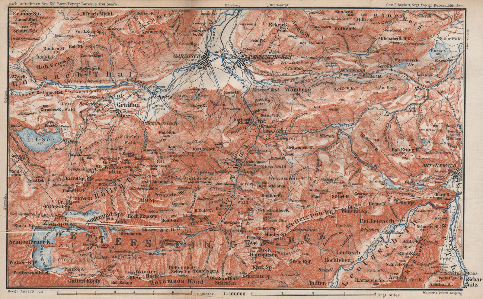 GARMISCH-PARTENKIRCHEN environs. Mittenwald. Deutschland/Österreich 1895 map